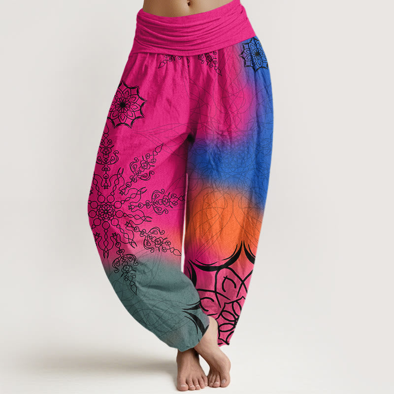 Pantaloni harem da donna con elastico in vita e motivo mandala in cotone dai colori vivaci, con Buddha Stones - Rosa intenso - US16, UK/AU20, EU48 (3XL) - image 0