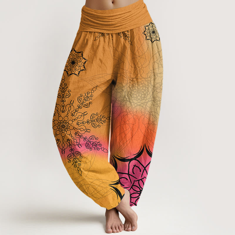 Pantaloni harem da donna con elastico in vita e motivo mandala in cotone dai colori vivaci, con Buddha Stones - Verga d'oro - US16, UK/AU20, EU48 (3XL) - image 5
