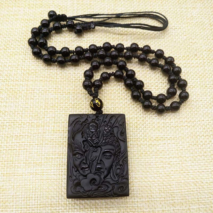 Collana con ciondolo in ossidiana nera e forma a rilievo, metà demone e metà Buddha , Buddha Stones - image 3