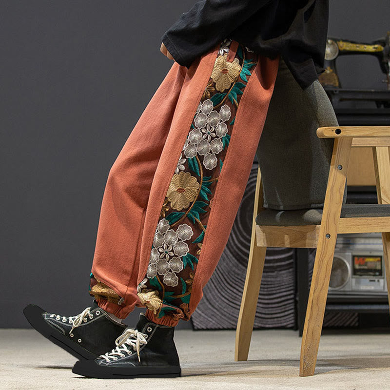 Pantaloni da uomo in cotone patchwork con motivo floreale ricamato Buddha Stones Spring e tasche - image 7