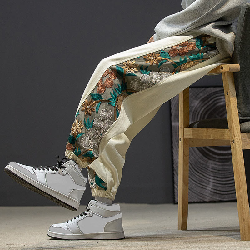 Pantaloni da uomo in cotone patchwork con motivo floreale ricamato Buddha Stones Spring e tasche - image 23