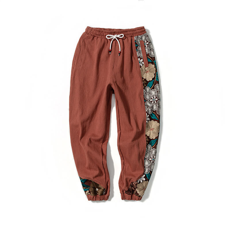 Pantaloni da uomo in cotone patchwork con motivo floreale ricamato Buddha Stones Spring e tasche - image 13