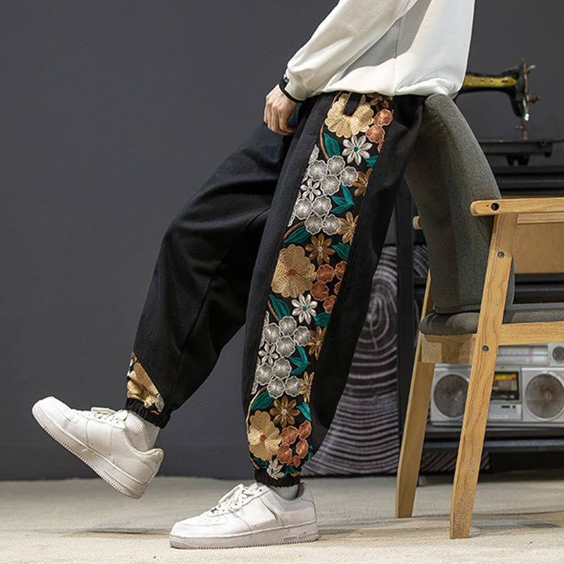 Pantaloni da uomo in cotone patchwork con motivo floreale ricamato Buddha Stones Spring con tasche - image 1
