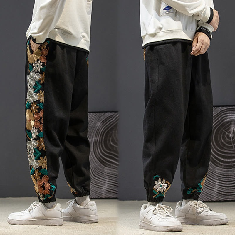 Pantaloni da uomo in cotone patchwork con motivo floreale ricamato Buddha Stones Spring e tasche - image 4
