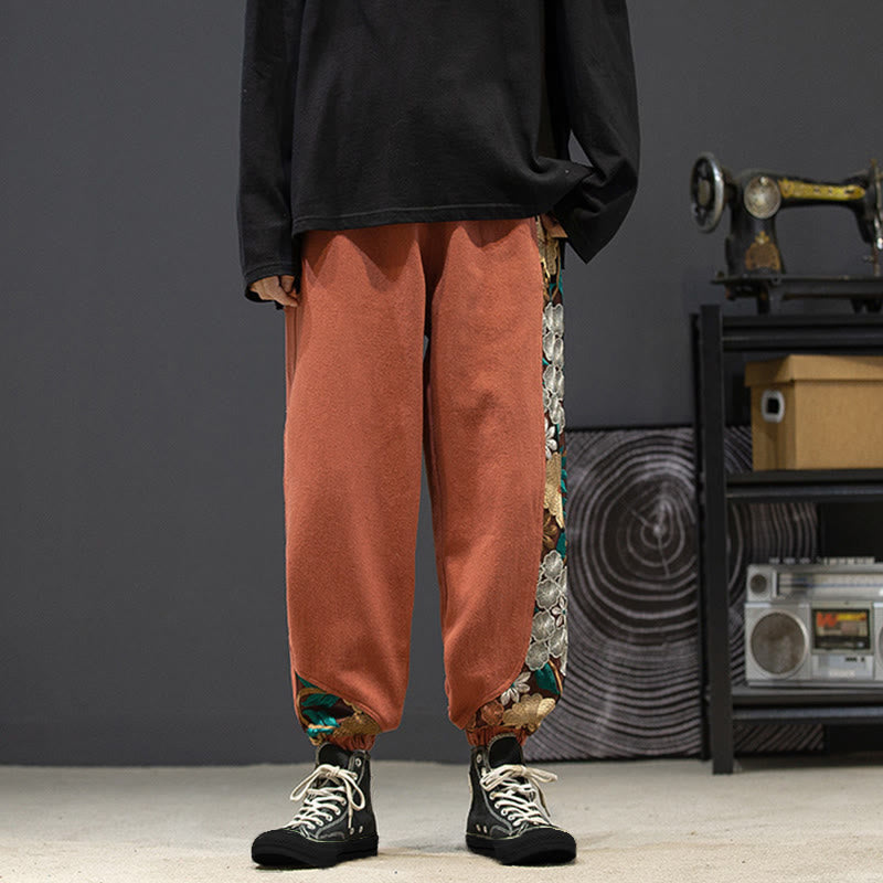 Pantaloni da uomo in cotone patchwork con motivo floreale ricamato Buddha Stones Spring e tasche - image 6