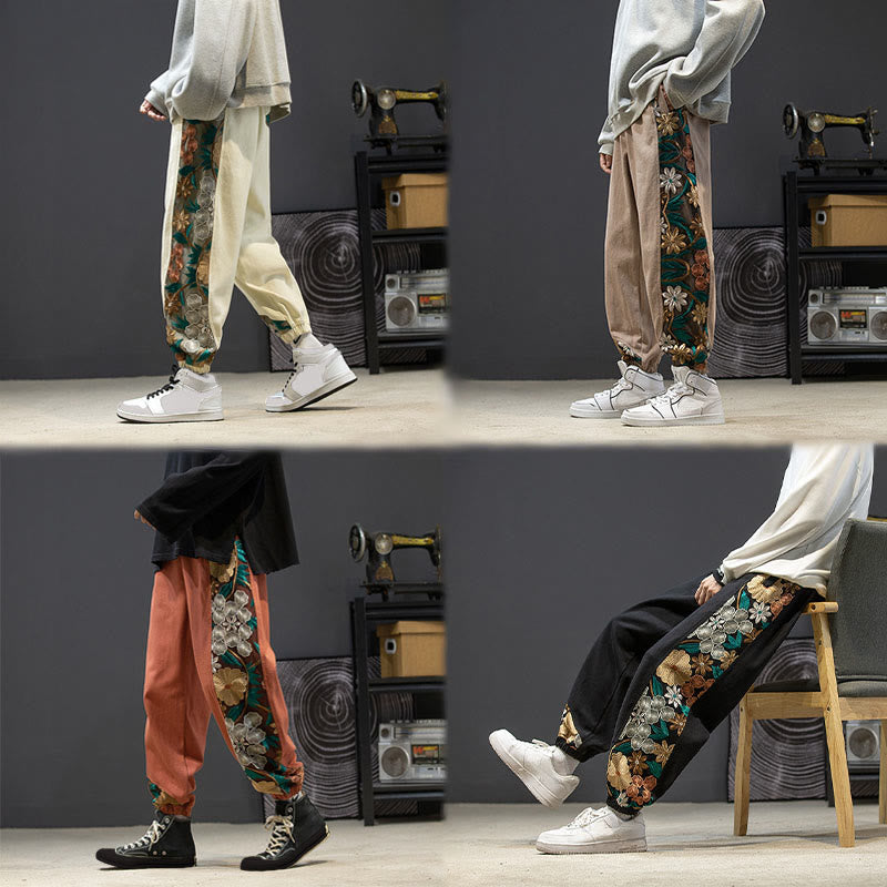 Pantaloni da uomo in cotone patchwork con motivo floreale ricamato Buddha Stones Spring e tasche - image 26