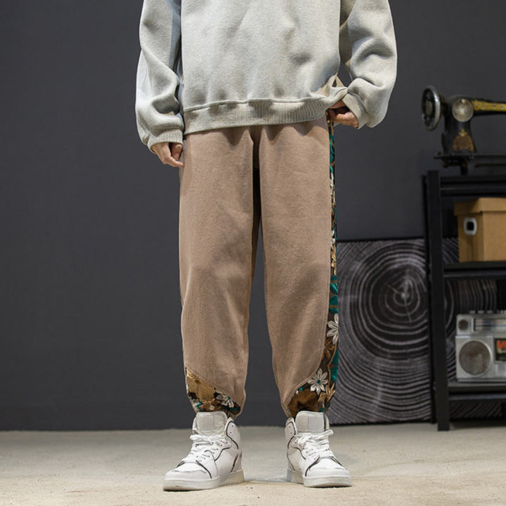 Pantaloni da uomo in cotone patchwork con motivo floreale ricamato Buddha Stones Spring e tasche - image 16