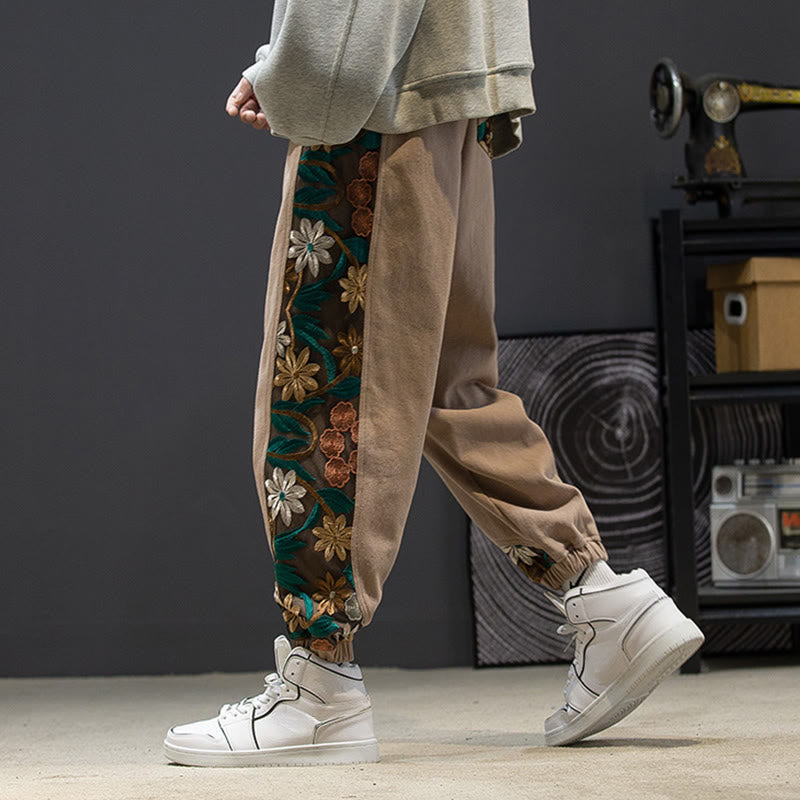 Pantaloni da uomo in cotone patchwork con motivo floreale ricamato Buddha Stones Spring e tasche - image 15