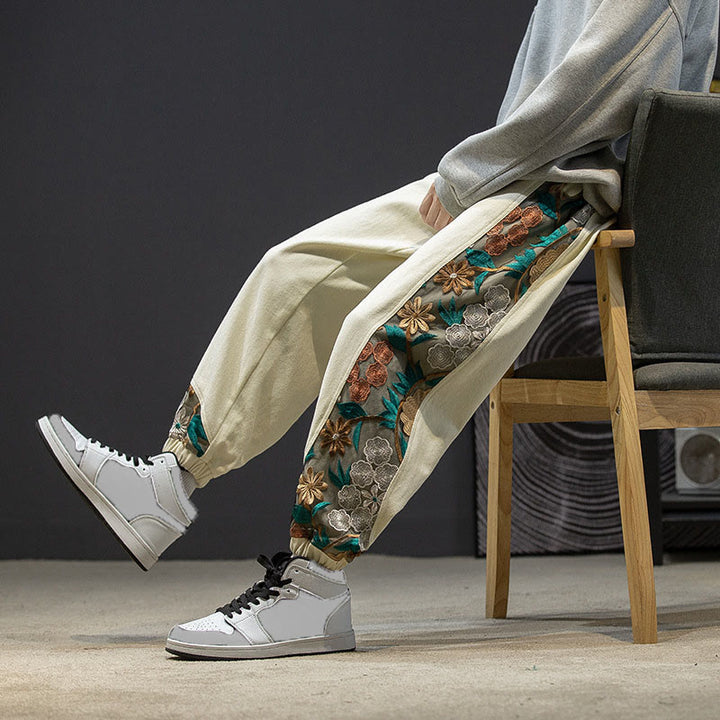 Pantaloni da uomo in cotone patchwork con motivo floreale ricamato Buddha Stones Spring e tasche - image 24