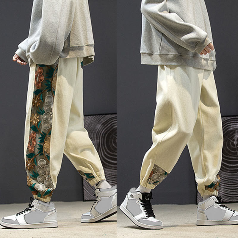 Pantaloni da uomo in cotone patchwork con motivo floreale ricamato Buddha Stones Spring e tasche - image 25