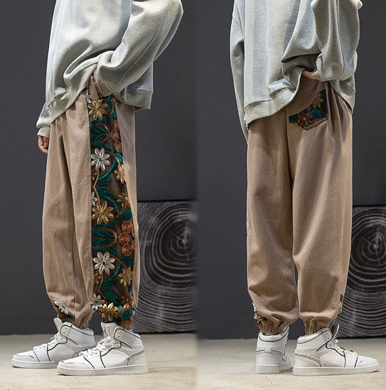 Pantaloni da uomo in cotone patchwork con motivo floreale ricamato Buddha Stones Spring e tasche - image 19