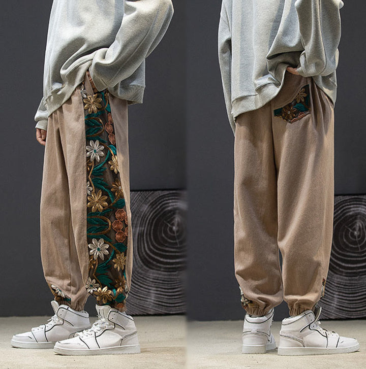 Pantaloni da uomo in cotone patchwork con motivo floreale ricamato Buddha Stones Spring e tasche - image 19