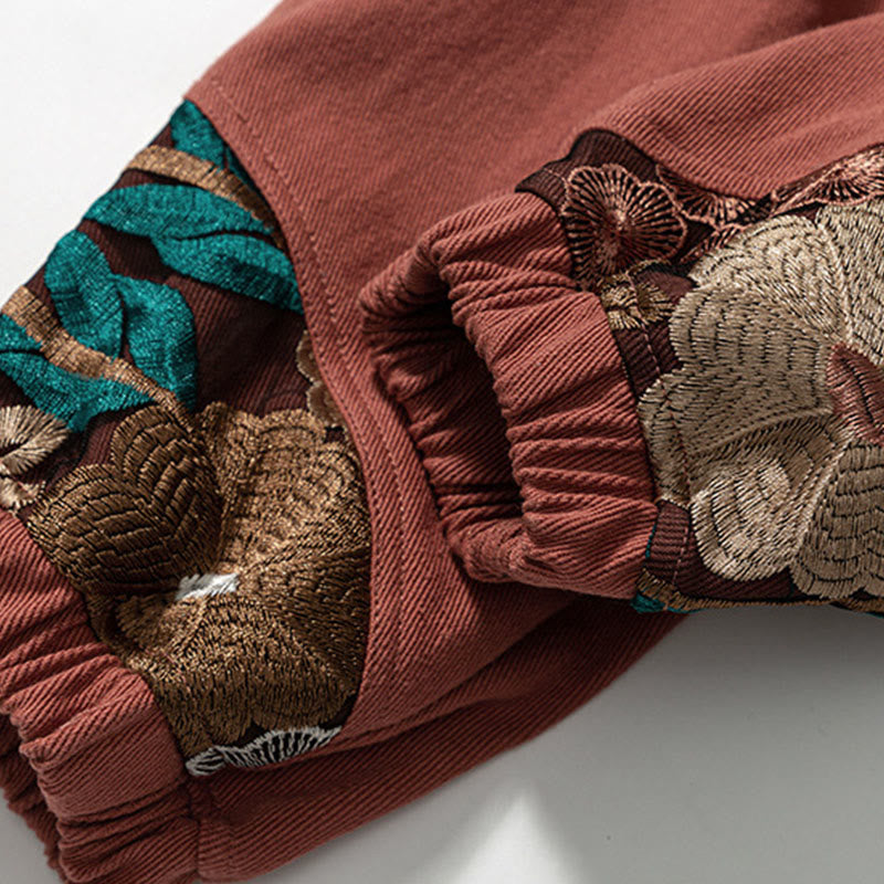 Pantaloni da uomo in cotone patchwork con motivo floreale ricamato Buddha Stones Spring e tasche - image 11