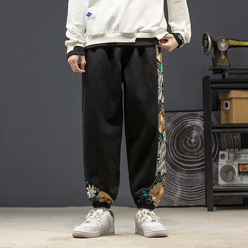 Pantaloni da uomo in cotone patchwork con motivo floreale ricamato Buddha Stones Spring e tasche - image 3