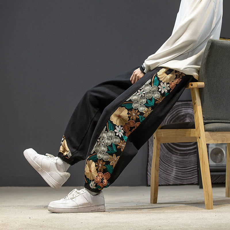 Pantaloni da uomo in cotone patchwork con motivo floreale ricamato Buddha Stones Spring e tasche - Nero - US/UK/AU46, EU56 (5XL) - image 0