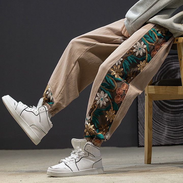 Pantaloni da uomo in cotone patchwork con motivo floreale ricamato Buddha Stones Spring e tasche - image 17