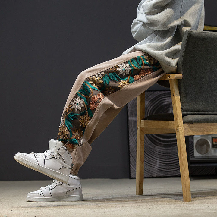 Pantaloni da uomo in cotone patchwork con motivo floreale ricamato Buddha Stones Spring e tasche - image 18