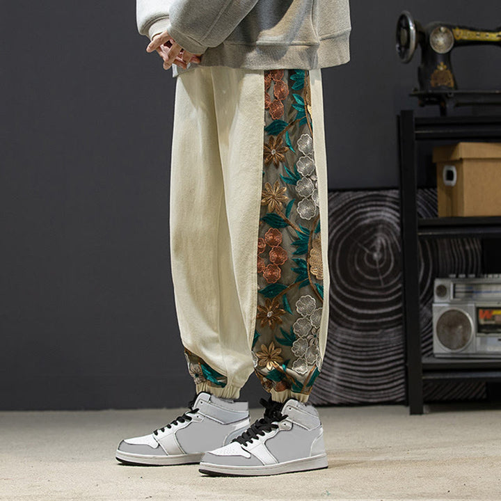 Pantaloni da uomo in cotone patchwork con motivo floreale ricamato Buddha Stones Spring con tasche - image 22
