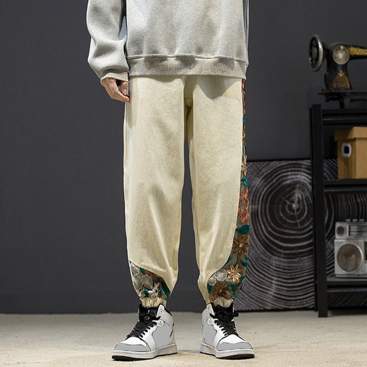 Pantaloni da uomo in cotone patchwork con motivo floreale ricamato Buddha Stones Spring con tasche - image 21