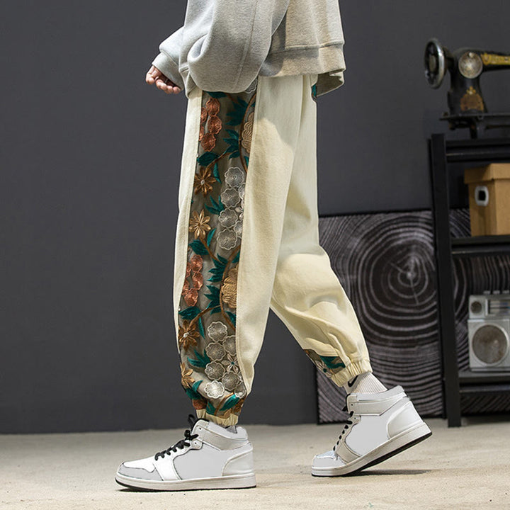 Pantaloni da uomo in cotone patchwork con motivo floreale ricamato Buddha Stones Spring e tasche - LemonChiffon - US/UK/AU46, EU56 (5XL) - image 20