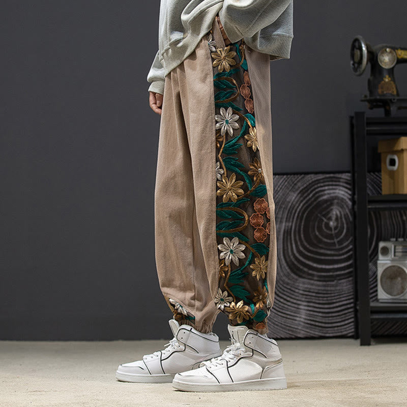 Pantaloni da uomo in cotone patchwork con motivo floreale ricamato Buddha Stones Spring e tasche - Legno robusto - US/UK/AU46, EU56 (5XL) - image 14