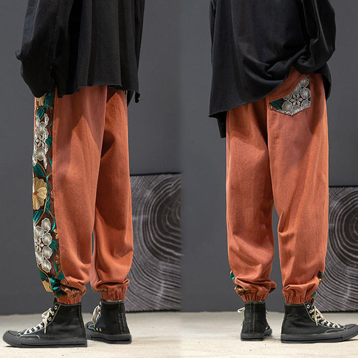 Pantaloni da uomo in cotone patchwork con motivo floreale ricamato Buddha Stones Spring e tasche - image 8