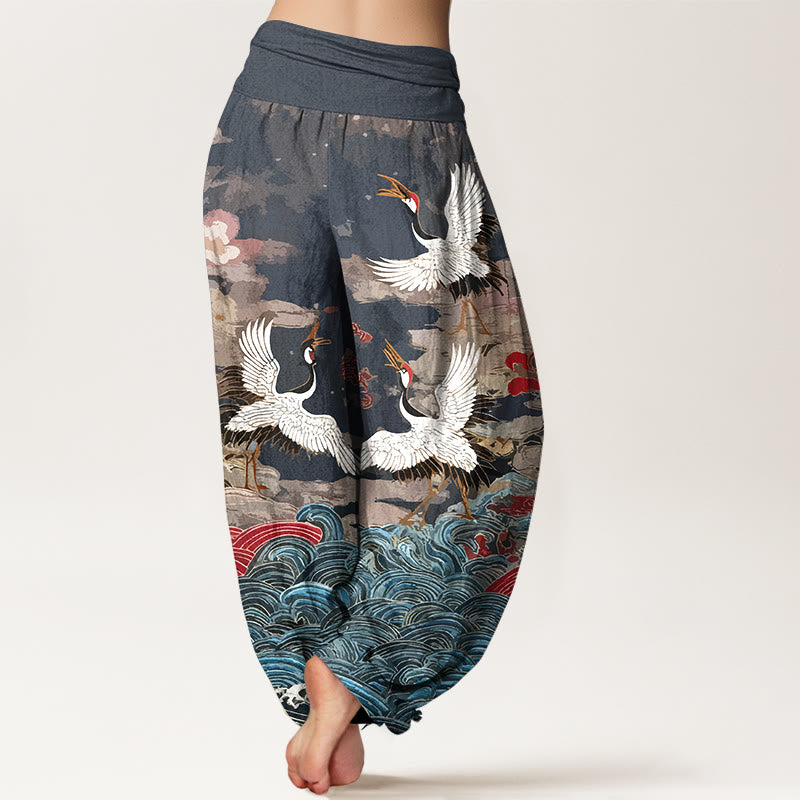 Pantaloni harem da donna con elastico in vita, motivo classico con onde di gru e nuvole in cotone Buddha Stones - image 1