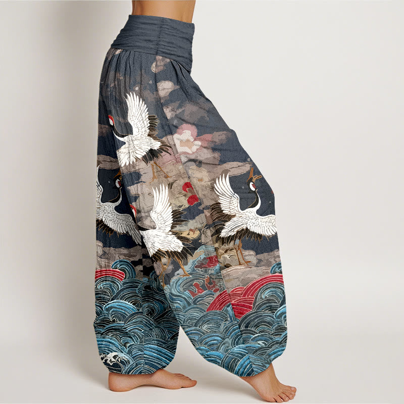Pantaloni harem da donna con elastico in vita, motivo classico con onde di gru e nuvole in cotone Buddha Stones - image 2