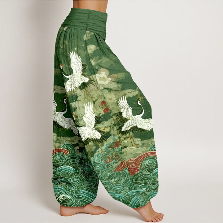 Pantaloni harem da donna con elastico in vita, motivo classico con onde di gru e nuvole in cotone Buddha Stones - image 7