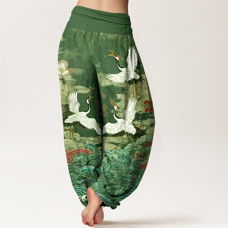 Pantaloni harem da donna con elastico in vita, motivo classico con onde di gru e nuvole in cotone Buddha Stones - image 6
