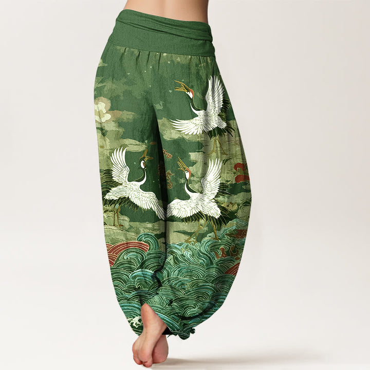 Pantaloni harem da donna con elastico in vita, motivo classico con onde di gru e nuvole in cotone Buddha Stones - image 6