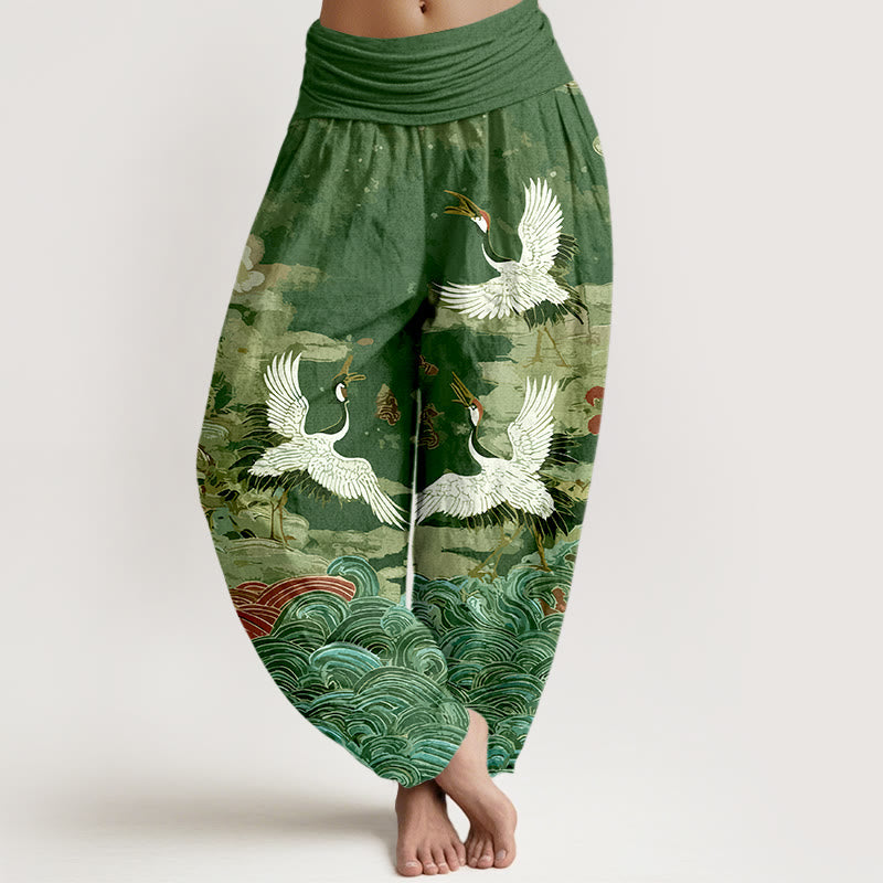 Pantaloni harem da donna con elastico in vita, motivo classico con onde di gru e nuvole in cotone Buddha Stones - Verde - US16, UK/AU20, EU48 (3XL) - image 5