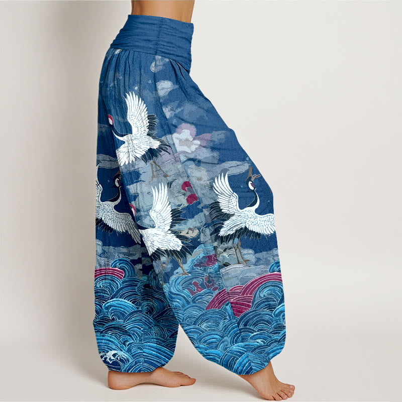 Pantaloni harem da donna con elastico in vita, motivo classico con onde di gru e nuvole in cotone Buddha Stones - image 10