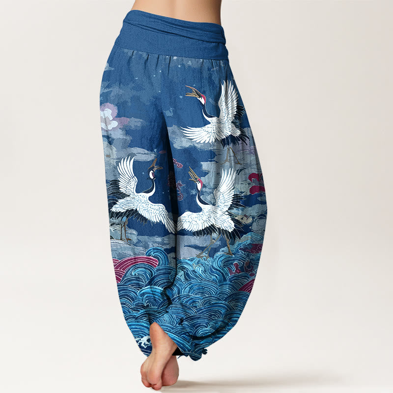 Pantaloni harem da donna con elastico in vita, motivo classico con onde di gru e nuvole in cotone Buddha Stones - image 9