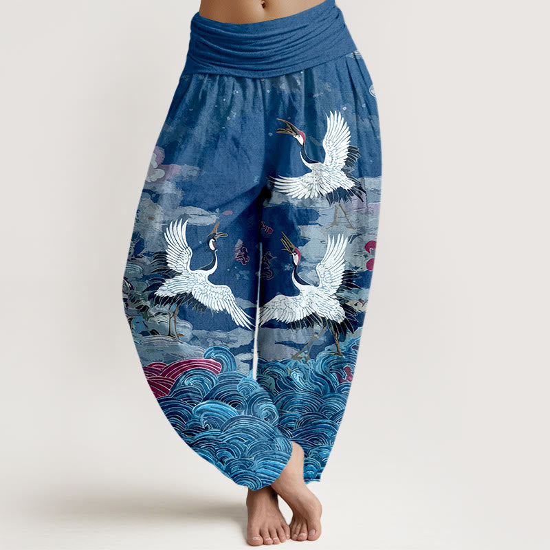 Pantaloni harem da donna con elastico in vita, motivo classico con onde di gru e nuvole in cotone Buddha Stones - Blu Reale - US16, UK/AU20, EU48 (3XL) - image 8