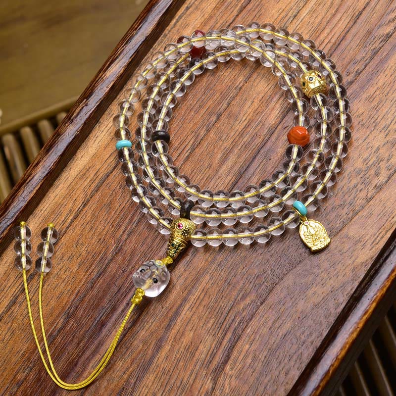 Buddha Stones 108 perline Liuli Crystal Dzi Bead Agata Blessing Nappa Mala - Ciondolo in rame con corda gialla - 6 millimetri - image 15