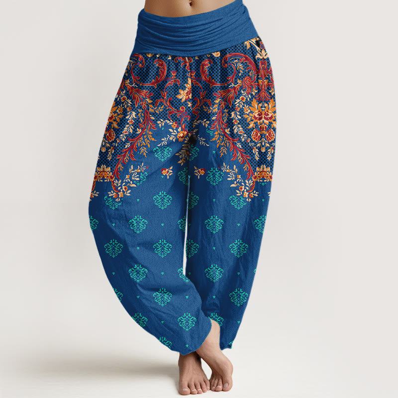 Pantaloni harem da donna in cotone con elastico in vita e motivo a foglie simmetriche Buddha Stones - Blu - US16, UK/AU20, EU48 (3XL) - image 0