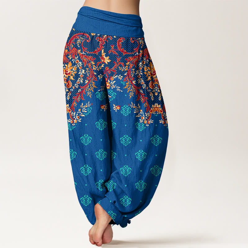 Pantaloni harem da donna in cotone con elastico in vita e motivo a foglie simmetriche Buddha Stones - image 1