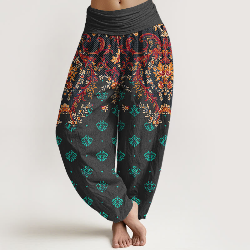 Pantaloni harem da donna in cotone con elastico in vita e motivo a foglie simmetriche Buddha Stones - Nero - US16, UK/AU20, EU48 (3XL) - image 5