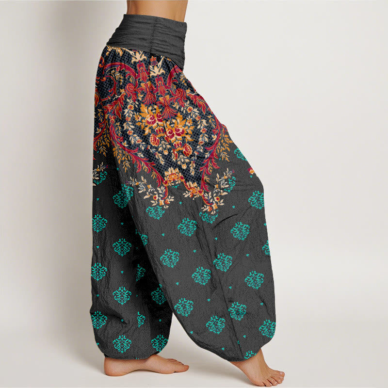 Pantaloni harem da donna in cotone con elastico in vita e motivo a foglie simmetriche Buddha Stones - image 7
