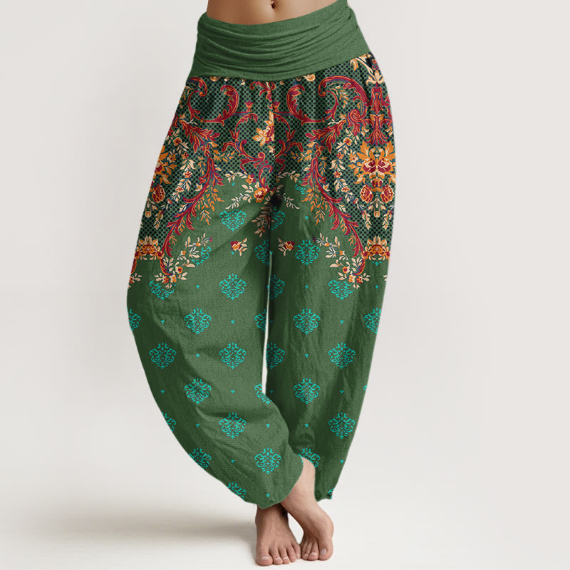 Pantaloni harem da donna in cotone con elastico in vita e motivo a foglie simmetriche Buddha Stones - Verde - US16, UK/AU20, EU48 (3XL) - image 8