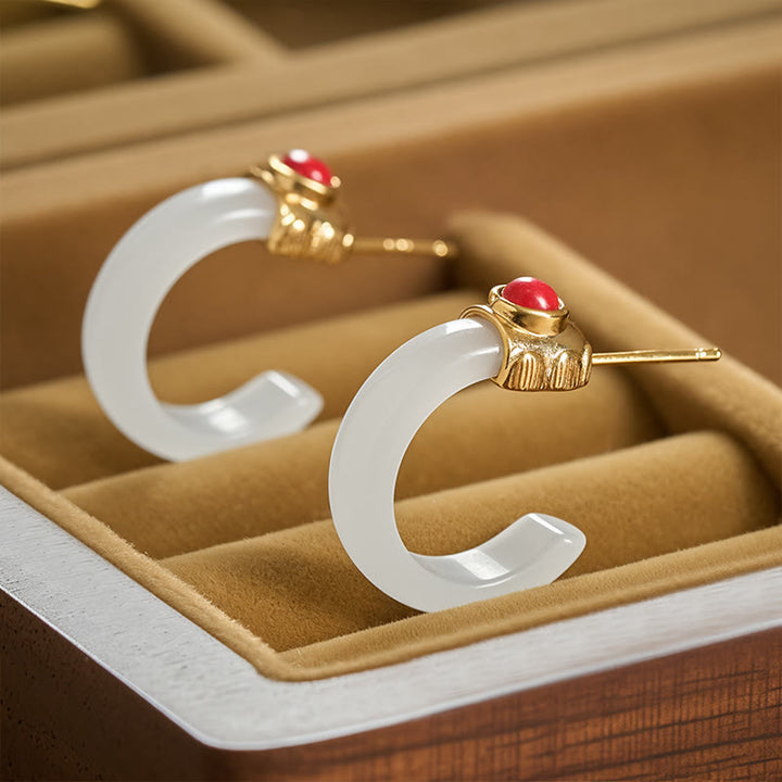 Orecchini Buddha Stones, design a cerchio rotondo, giada Hetian placcata in rame e oro, Abbondanza - Giada bianca - image 5