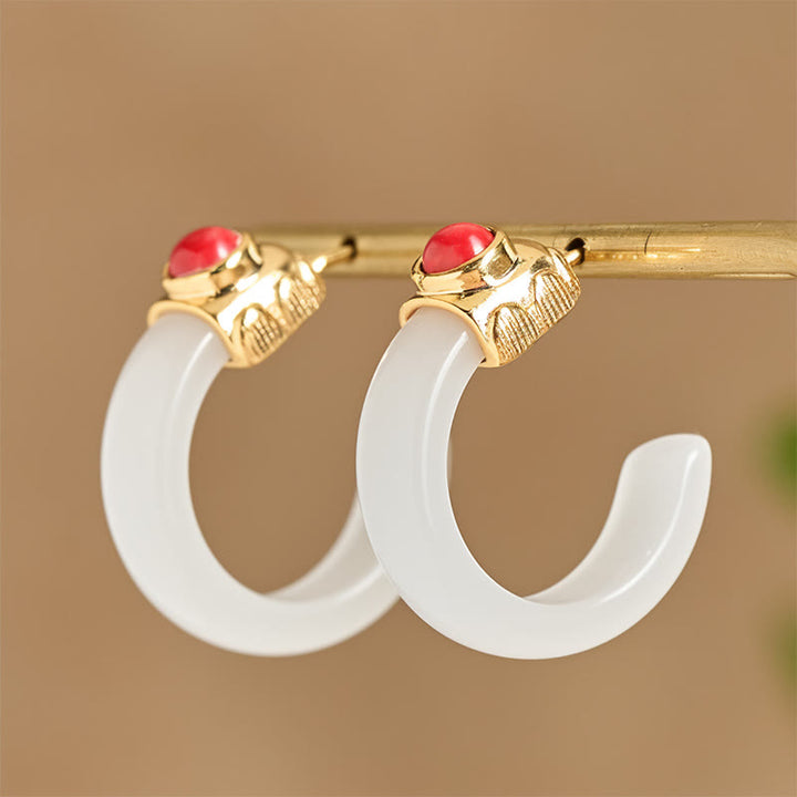 Orecchini Buddha Stones, design a cerchio rotondo, giada Hetian placcata in rame e oro, Abbondanza - image 6