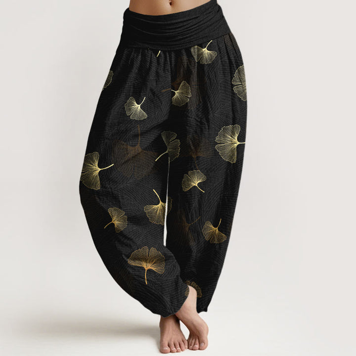 Pantaloni harem da donna con elastico in vita e motivo ginkgo in cotone Buddha Stones - Nero - US16, UK/AU20, EU48 (3XL) - image 0