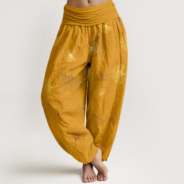 Pantaloni harem da donna con elastico in vita e motivo ginkgo in cotone Buddha Stones - Verga d'oro - US16, UK/AU20, EU48 (3XL) - image 8