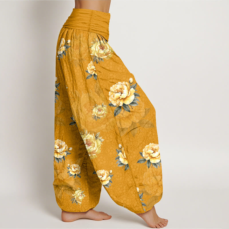 Pantaloni harem da donna con elastico in vita e motivo delicato di peonie in cotone Buddha Stones - image 2