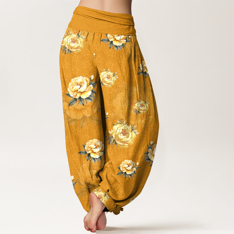 Pantaloni harem da donna con elastico in vita e motivo delicato di peonie in cotone Buddha Stones - image 1