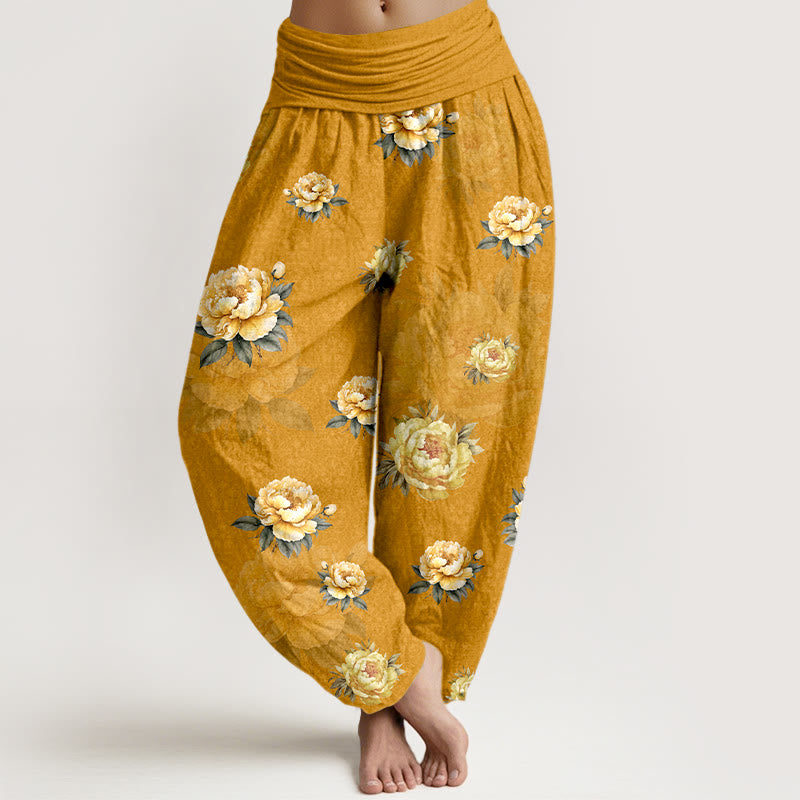 Pantaloni harem da donna con elastico in vita e motivo delicato di peonie in cotone Buddha Stones - Verga d'oro - US16, UK/AU20, EU48 (3XL) - image 0