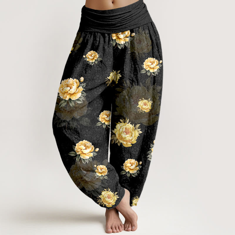 Pantaloni harem da donna con elastico in vita e motivo delicato di peonie in cotone Buddha Stones - Nero - US16, UK/AU20, EU48 (3XL) - image 5
