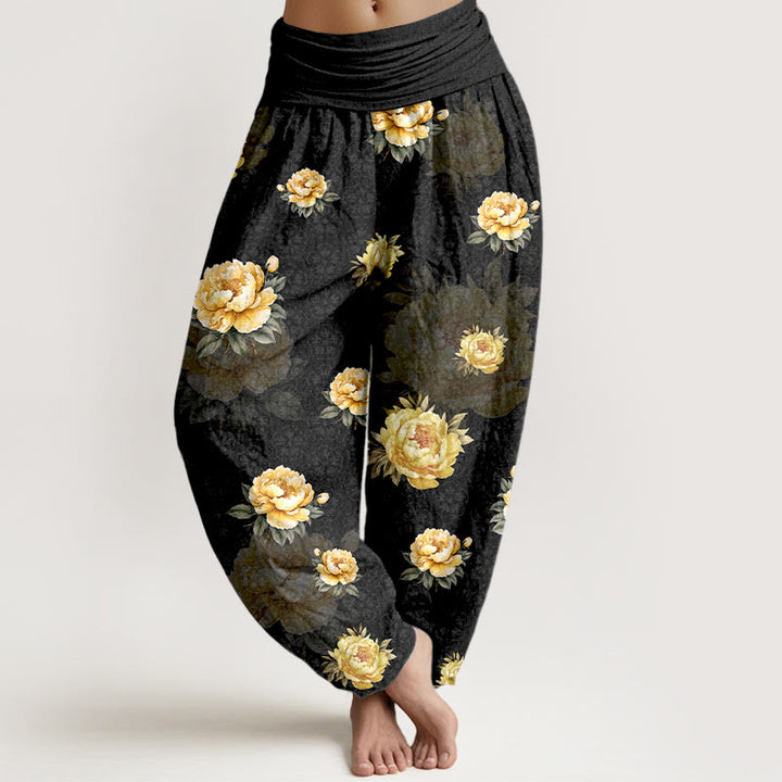 Pantaloni harem da donna con elastico in vita e motivo delicato di peonie in cotone Buddha Stones - Nero - US16, UK/AU20, EU48 (3XL) - image 5